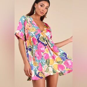 Lulus Express Yourself Pink Multi Floral Print Satin Babydoll Dress